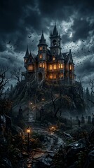 Obraz premium Spooky haunted mansion halloween mobile wallpaper for smartphones tablets