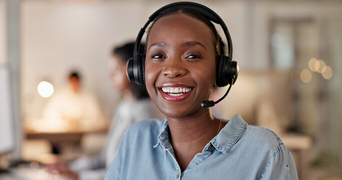 Telemarketing, happy woman and headset in call center portrait for deal closing, about us or pride. Coworking, agent or smile with mic at workplace for outbound sales, consultant career or confidence