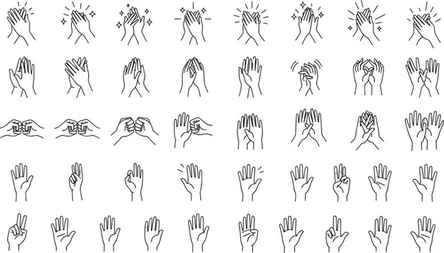 Large collection of hand gesture line icons featuring applause, fist bumps, clapping hands, and various finger counting signs for business communication and user interface design.