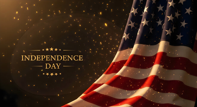 Dramatic independence day backdrop with waving american flag and golden sparkling particles patriotic celebration concept