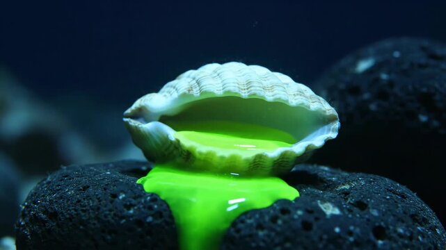 Bright green liquid flowing from a shell on volcanic rock. Close up of viscous substance dripping out of a bivalve sea shell. Minimalist nature texture study
