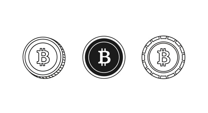 Three stylized bitcoin cryptocurrency coin icons set.