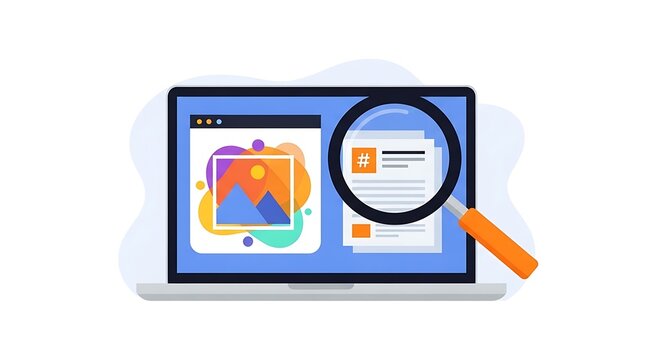 A magnifying glass zooms in on a colorful graphic illustration of a computer screen displaying a vibrant image and text on a blue background with an orange tool.