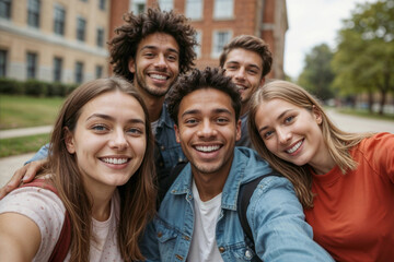 Fototapeta premium Group of young students smiling happily for a selfie on a university campus