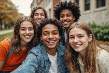 Fototapeta premium Five friends smile brightly in a sunlit campus setting. Their joyful expressions radiate warmth and camaraderie. They lean close, capturing a candid, carefree moment together