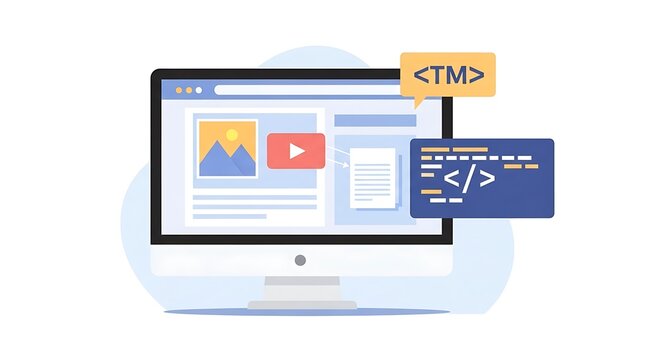 A computer screen displays a website with coding elements and a video player on a desk in a modern office setting with technology and software.
