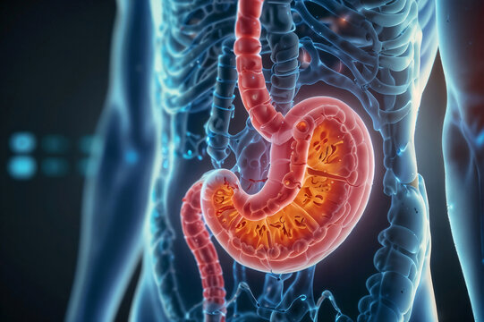 Stomach anatomy showing delayed gastric emptying. Food particles retained in stomach indicating gastroparesis. Medical diagram depicts digestive system disorder symptoms