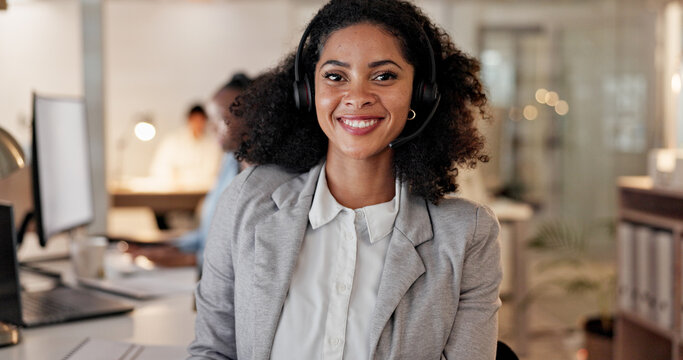 Telemarketing, happy woman and mic in call center portrait for deal closing, about us or coworking. Friendly agent, headset and smile at workplace for outbound sales, consultant career or confidence