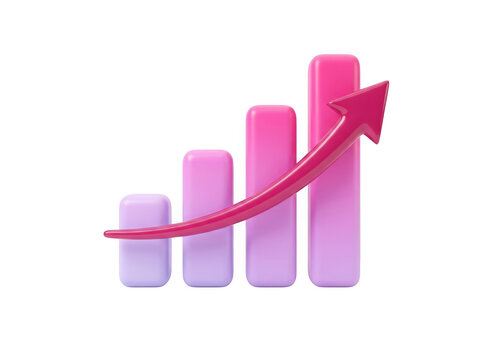Rising bar chart with growth arrow representing business success as isolated on transparent background