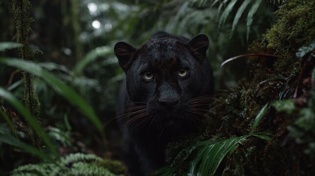 A stealthy black panther with glossy fur emerges from dense jungle foliage, its intense gaze captivating.