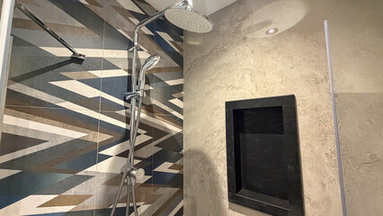 Naklejka premium Modern Walk In Shower Interior With Geometric Tiles And Contemporary Bathroom Design