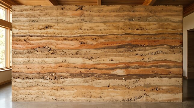 Horizontal layered rammed earth wall texture background. Abstract natural clay, sand, and soil pattern with beige, orange, and brown stripes for organic interior design and architecture 