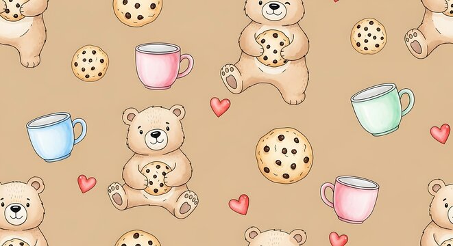 Teddy bear seamless pattern with chocolate chip cookies and mugs