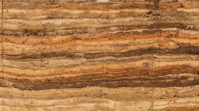 Horizontal layered rammed earth wall texture background. Abstract natural clay, sand, and soil pattern with beige, orange, and brown stripes for organic interior design and architecture 
