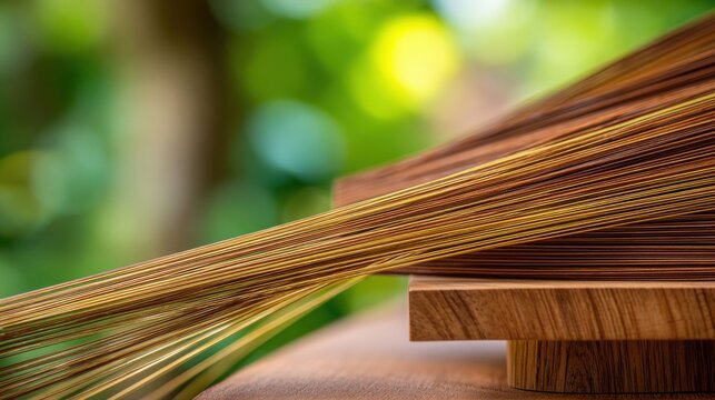 Thin flexible bamboo sheets interleaved in a stacked wooden structure against a blurred green outdoor background