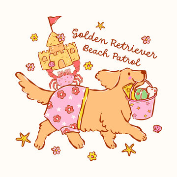Happy golden retriever summer dog beach sand castle whimsical hand drawn doodle lines and cheerful cartoon character style