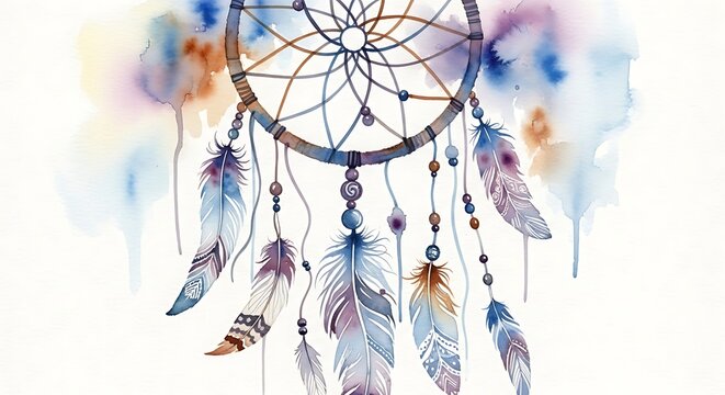 Dreamcatcher with feathers and beads on vibrant watercolor background