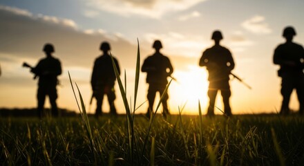 Obraz premium The silhouettes of soldiers in a field of flowers at sunset—a symbol of conflict set against a backdrop of natural beauty and hope.