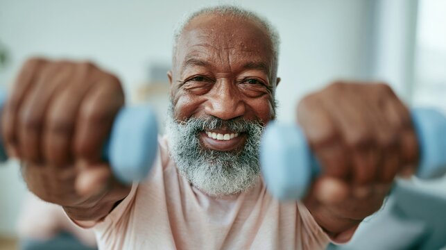 Smiling senior African American man exercising with dumbbells at home