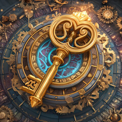Obraz premium Ornate golden skeleton key resting on a magical mechanical lock mechanism with glowing blue elements
