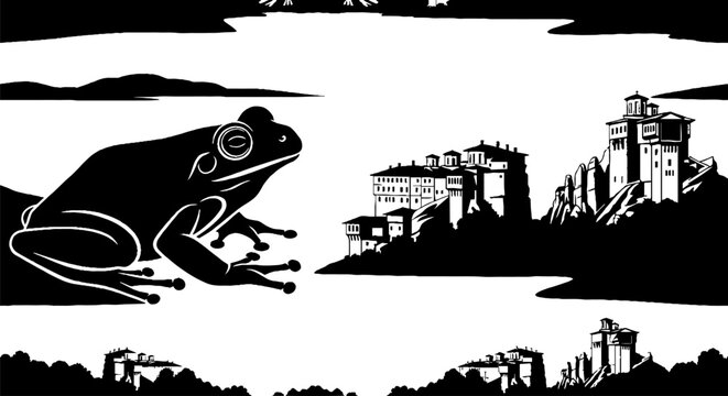 Black and White Illustration of Frog Facing Ancient Castle.