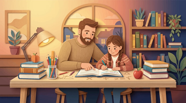 3D papercut style illustration featuring a bearded father assisting his young daughter with schoolwork at a wooden desk surrounded by books, pencils, and indoor plants.