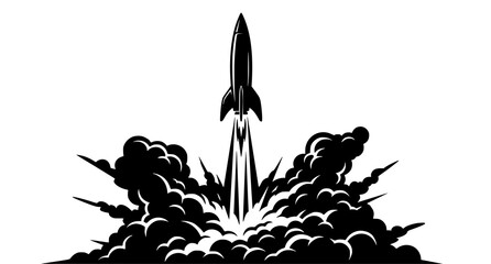 Dramatic black silhouette rocket ship launching upward with smoke trail vector illustration isolated on white background © HoriProshad