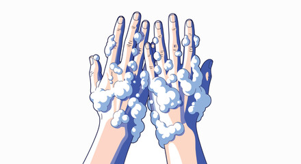 Fototapeta premium Illustration of hands covered in soap bubbles on a white background, depicting a hygiene or cleaning concept with a focus on handwashing.