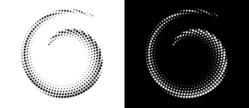 Dual-track halftone dot spiral ring with variable dot sizes forming two concentric arc streams on white and black backgrounds, monochrome generative vector icon set.