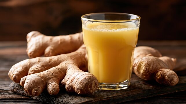 Fresh ginger root and a glass of golden ginger juice on a rustic wooden surface