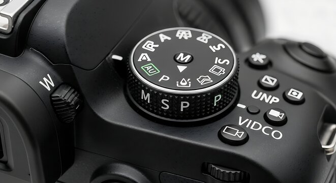 Close up of a digital camera mode dial and control buttons
