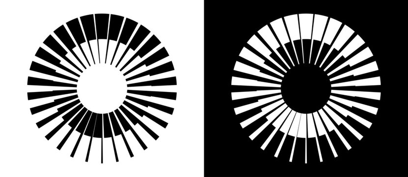 Circular radial bar chart with stepped variable-height sectors forming a ring around an open center on white and black backgrounds, monochrome vector data visualization icon set.