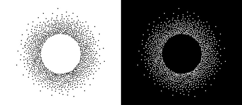 Uniform scattered dot ring with dots densely packed near the inner edge and dispersing outward on white and black backgrounds, monochrome generative vector icon set.