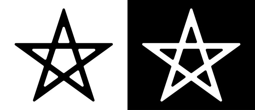 Bold stroke pentagram five-pointed star drawn in a single continuous line with open triangular cutouts on white and black backgrounds, monochrome vector icon symbol set.