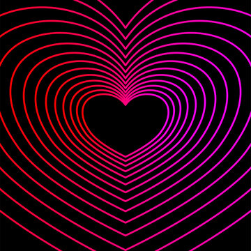 Neon gradient heart line art tunnel, Abstract love concept with vibrant heart shapes