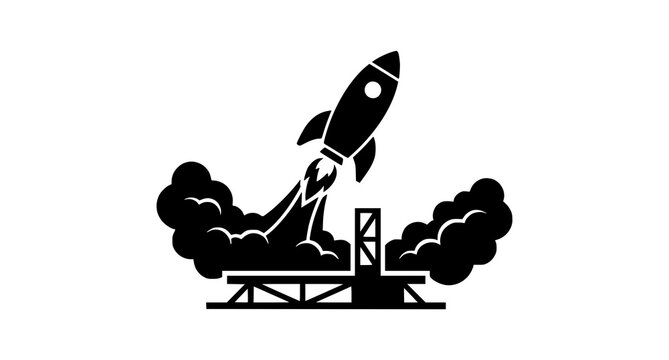 Minimal black silhouette rocket blasting off from platform with smoke clouds vector illustration isolated on white background