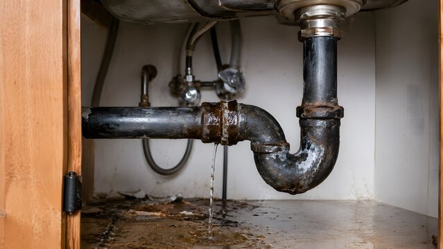 Old leaking pipe under sink causing water damage
