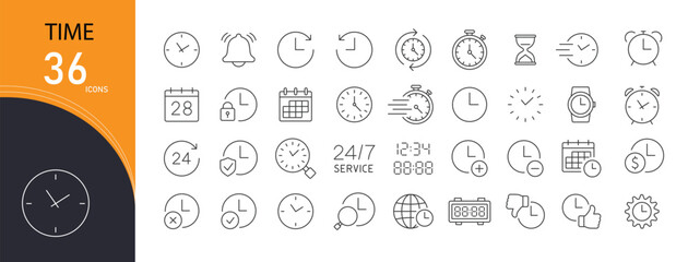 Obraz na płótnie Canvas Time icons set representing clock, schedule, deadline, timer, calendar, productivity, time management and planning concepts. Editable Stroke.