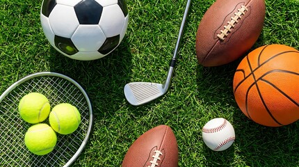 Obraz premium A collection of various sports balls and equipment arranged on a lush green grass field.