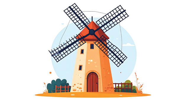 Windmill with red roof and blades.