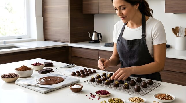 Woman preparing chocolate truffles on a kitchen counter with various toppings and ingredients around her.