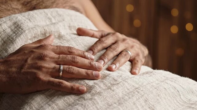 Male with dark skin and wedding ring gently places hands on a textured blanket, showcasing a calm and intimate moment in a softly lit indoor setting