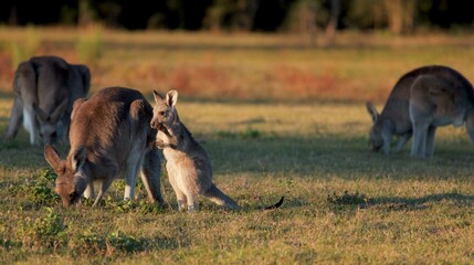 Eastern Grey Kangaroo Joey Standing Near Grazing Adult at Sunset © blueringmedia