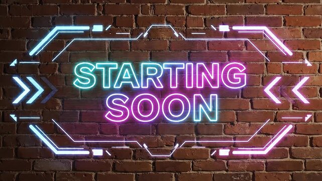 Colorful neon starting soon sign on brick wall for live streaming and online events background