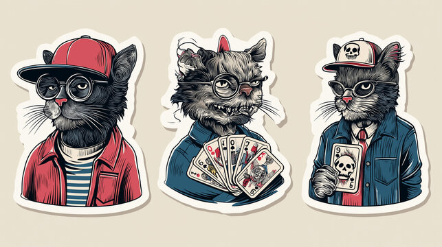Panoramic Traditional Tattoo Cat Sticker Sheet with Anthro Characters and Playing Cards