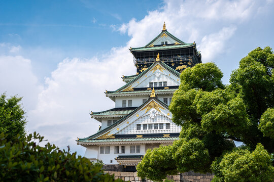 Main tower of Osaka Castle in Japan on sunny day