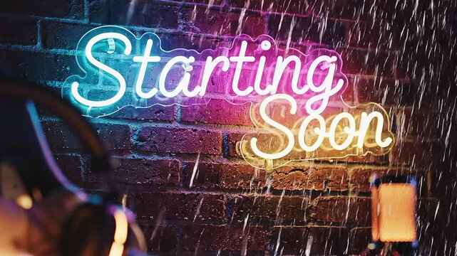 Colorful neon sign with Starting Soon text on brick wall with rain effect for streaming and live events