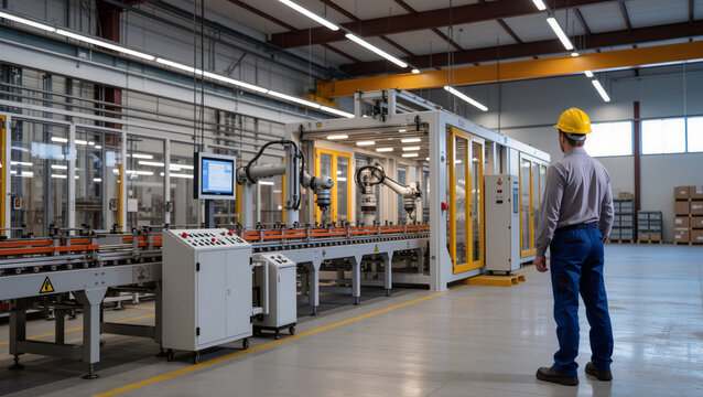 Automated Production Line,
​Robotic Factory Supervision,
​Industrial Machinery Control,
​Modern Manufacturing Facility,
​Engineering Process Monitoring,
​Advanced Industrial Automation,

