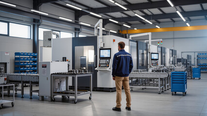 Fototapeta premium Automated Production Line, ​Robotic Factory Supervision, ​Industrial Machinery Control, ​Modern Manufacturing Facility, ​Engineering Process Monitoring, ​Advanced Industrial Automation, 