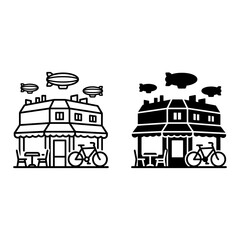 2 Cafe silhouette icons with bicycle, table, airships, solid black style, restaurant set © Arju